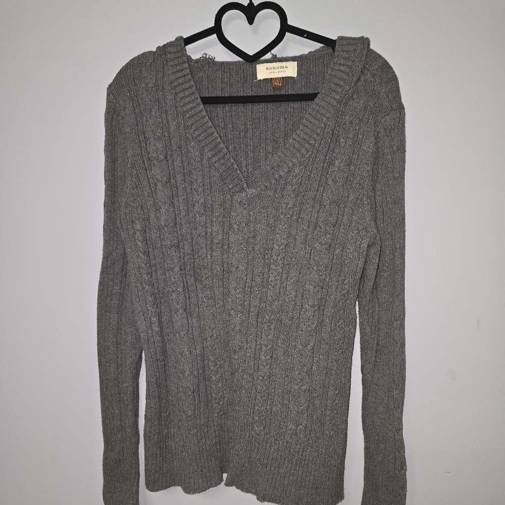 Gray V-Neck Cable Knit Sweater